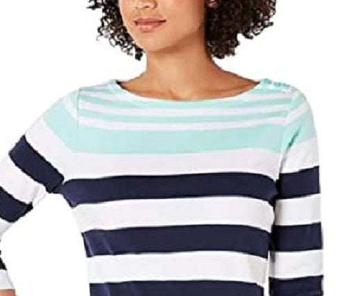 Charter Club Blusa feminina de algodão Pima com botões e listras, azul, tamanho X-G