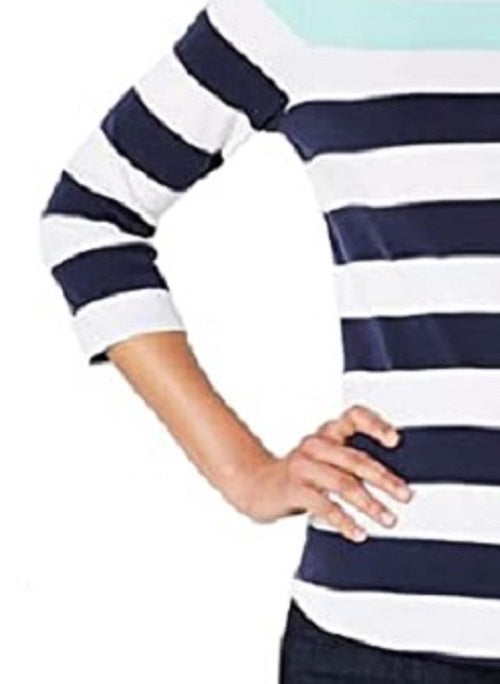 Charter Club Blusa feminina de algodão Pima com botões e listras, azul, tamanho X-G