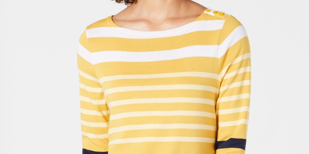 Charter Club Blusa feminina de algodão Pima com botões e listras, tamanho XS, dourada