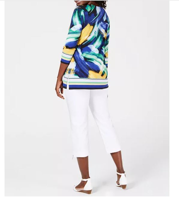 Calça Capri Feminina JM Collection com Zíper e Barra Branca Tamanho P