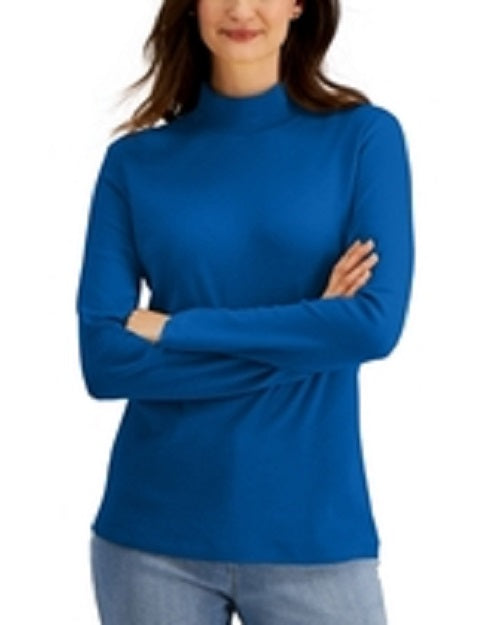 Blusa de gola alta feminina Karen Scott de algodão, azul, tamanho pequeno