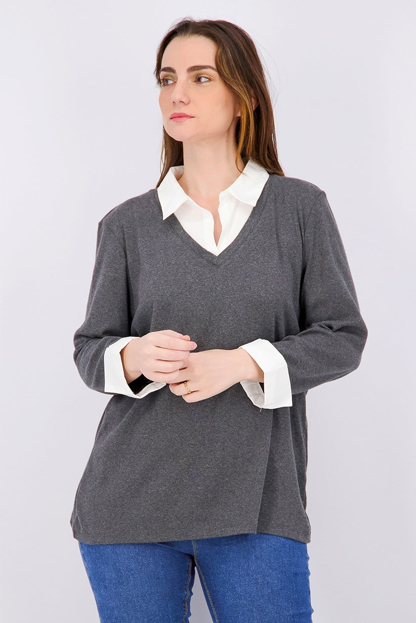 Blusa feminina Karen Scott de algodão com camadas, cor carvão, tamanho X-S