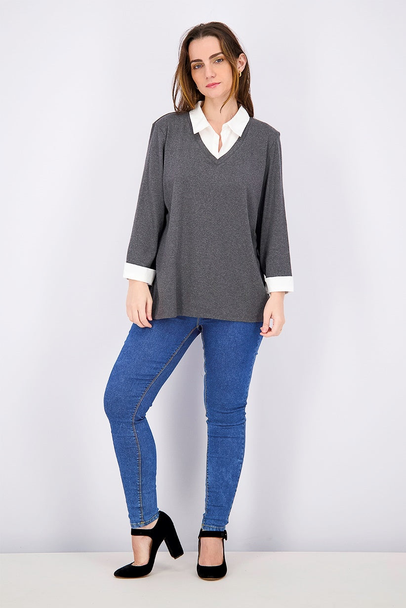 Blusa feminina Karen Scott de algodão com camadas, cor carvão, tamanho X-S