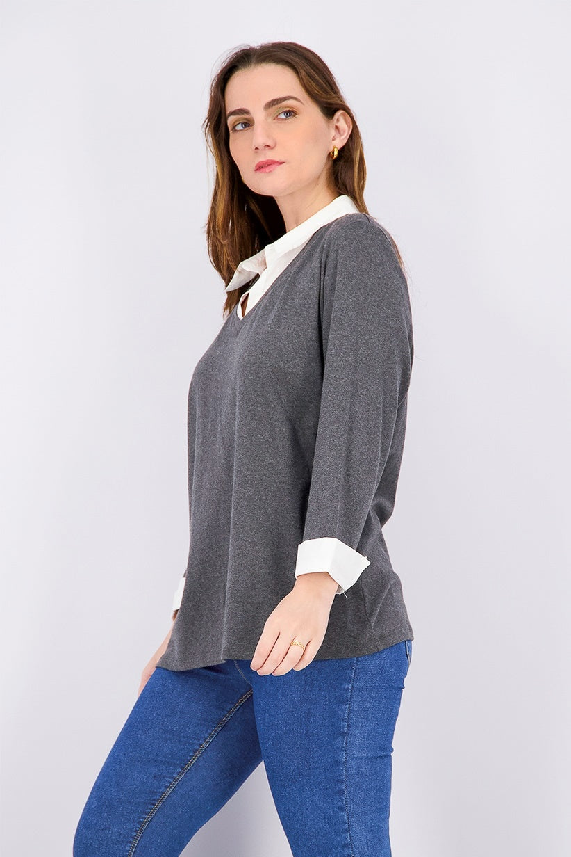 Blusa feminina Karen Scott de algodão com camadas, cor carvão, tamanho X-S