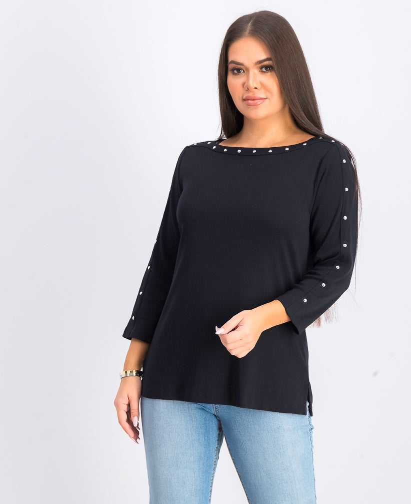 Karen Scott Top Feminino de Algodão com Decote Canoa e Tachas, Preto, Tamanho Extra Pequeno