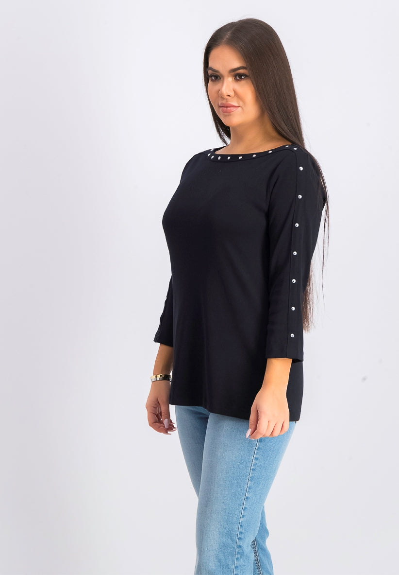 Karen Scott Top Feminino de Algodão com Decote Canoa e Tachas, Preto, Tamanho Extra Pequeno