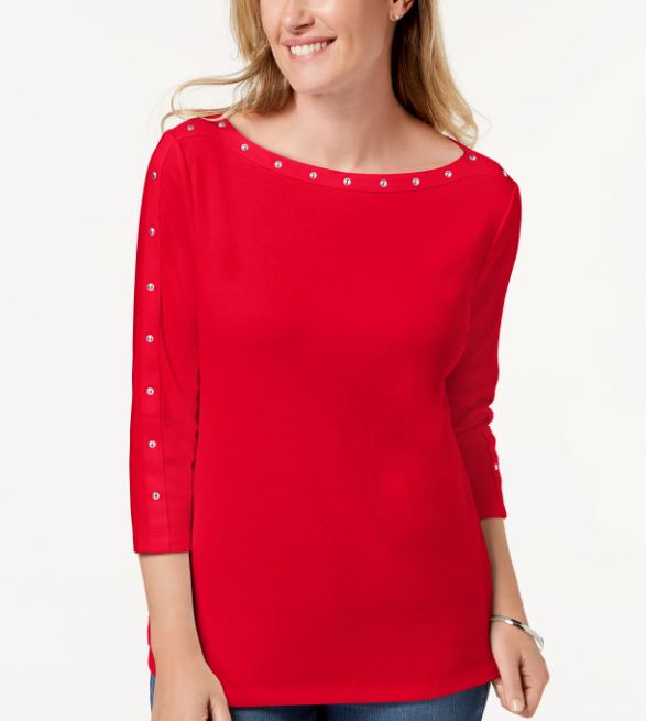 Karen Scott Top Feminino de Algodão com Decote Canoa e Tachas, Vermelho, Tamanho Médio