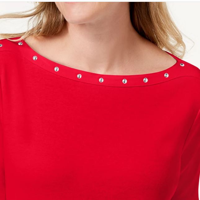Karen Scott Top Feminino de Algodão com Decote Canoa e Tachas, Vermelho, Tamanho Médio