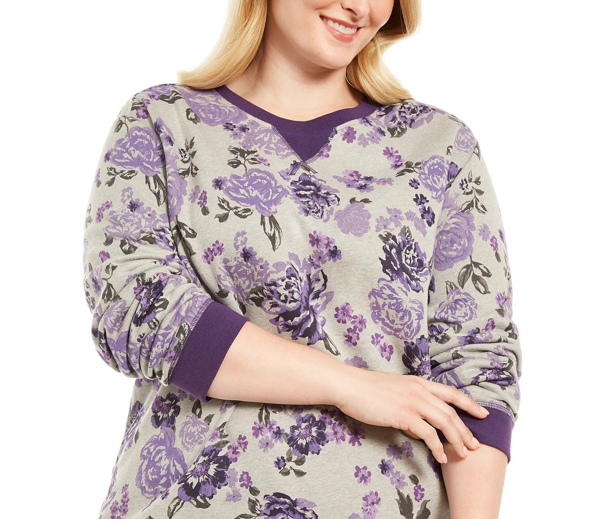 Karen Scott Blusa feminina plus size de lã estampada com gola redonda, roxa 1X