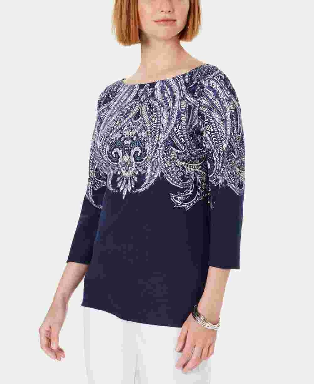 Karen Scott Blusa feminina Lile Paisley com decote canoa, azul marinho, tamanho XS