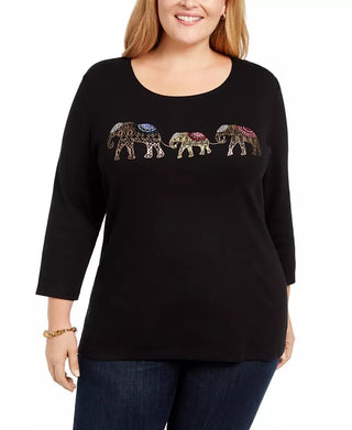 Blusa feminina Karen Scott de algodão com estampa de elefante, preta, tamanho 1X