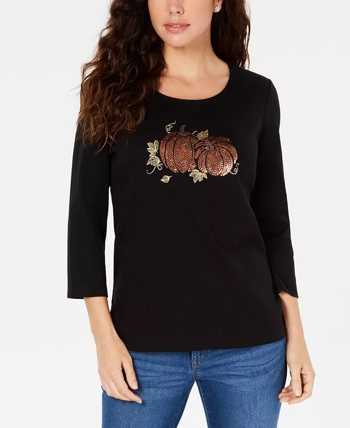 Camiseta feminina Karen Scott com estampa de lantejoulas, preta, tamanho pequeno