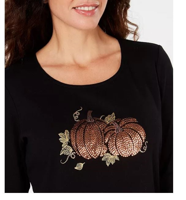 Camiseta feminina Karen Scott com estampa de lantejoulas, preta, tamanho pequeno