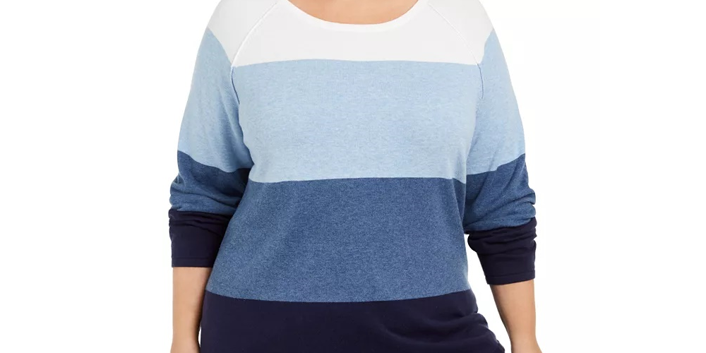 Suéter feminino Karen Scott de algodão com blocos de cores, azul, tamanho 1X