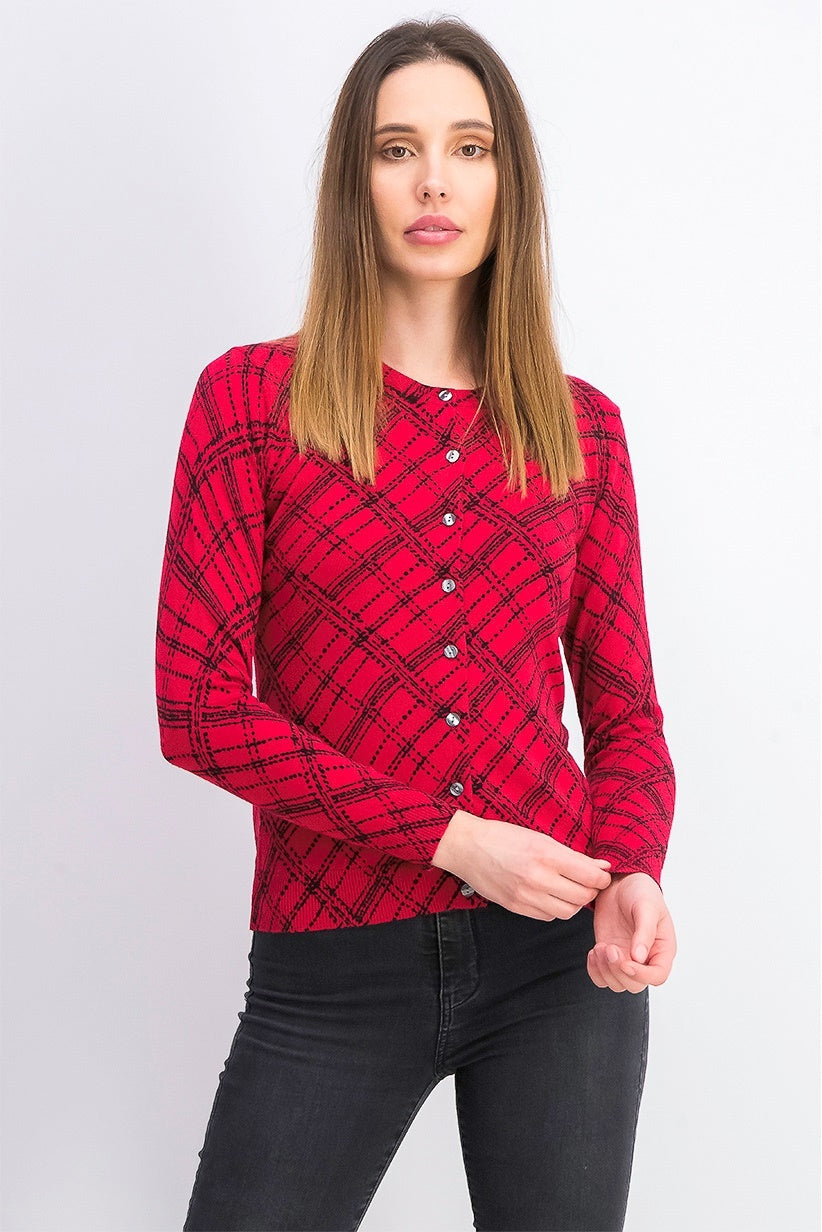 Karen Scott Cardigan Xadrez Pamela Feminino Petite Vermelho Brilhante Tamanho Médio