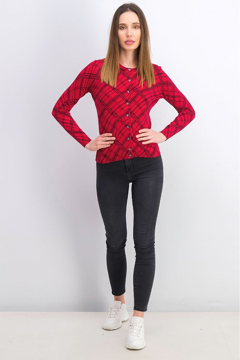 Karen Scott Cardigan Xadrez Pamela Feminino Petite Vermelho Brilhante Tamanho Médio