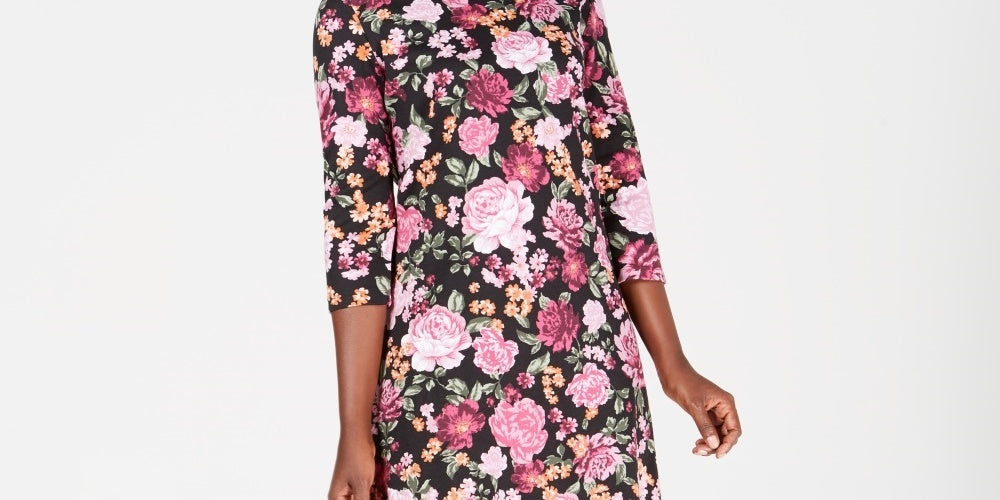 Vestido estampado feminino Karen Scott com decote redondo, preto, tamanho pequeno e pequeno