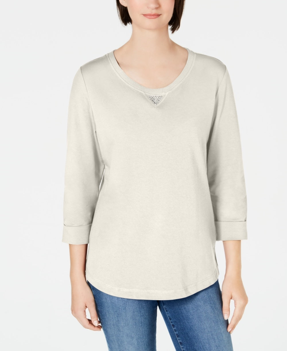 Moletom feminino Karen Scott Sport Cotton com tachas e manga 3/4, branco, tamanho grande