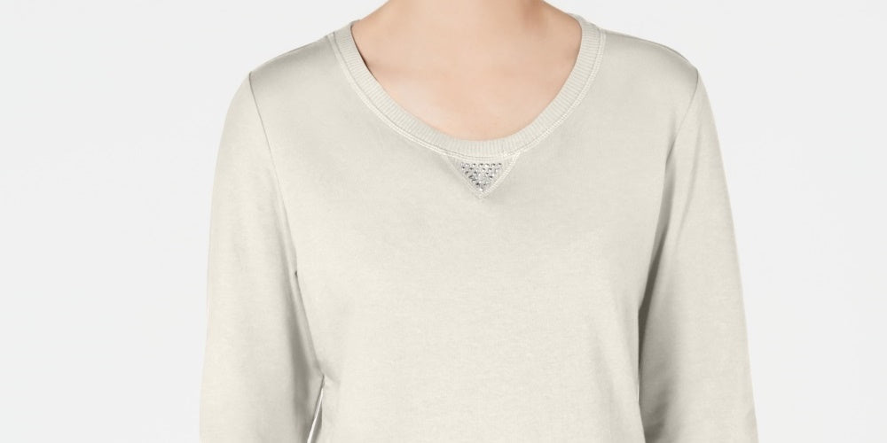 Moletom feminino Karen Scott Sport Cotton com tachas e manga 3/4, branco, tamanho grande