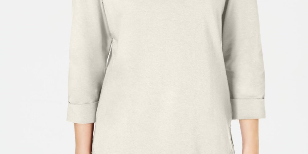 Moletom feminino Karen Scott Sport Cotton com tachas e manga 3/4, branco, tamanho grande