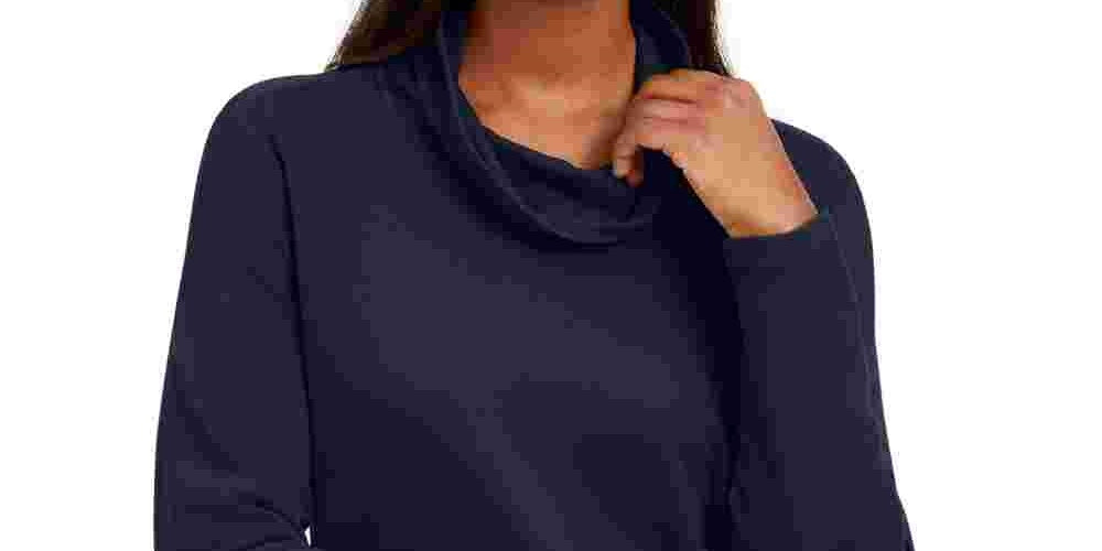 Blusa feminina Karen Scott de manga comprida mesclada e gola alta, azul, tamanho pequeno e pequeno