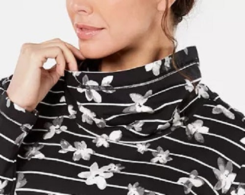 Karen Scott Blusa Feminina Listrada com Estampa Floral e Gola Funil, Preta, Tamanho Pequeno Médio