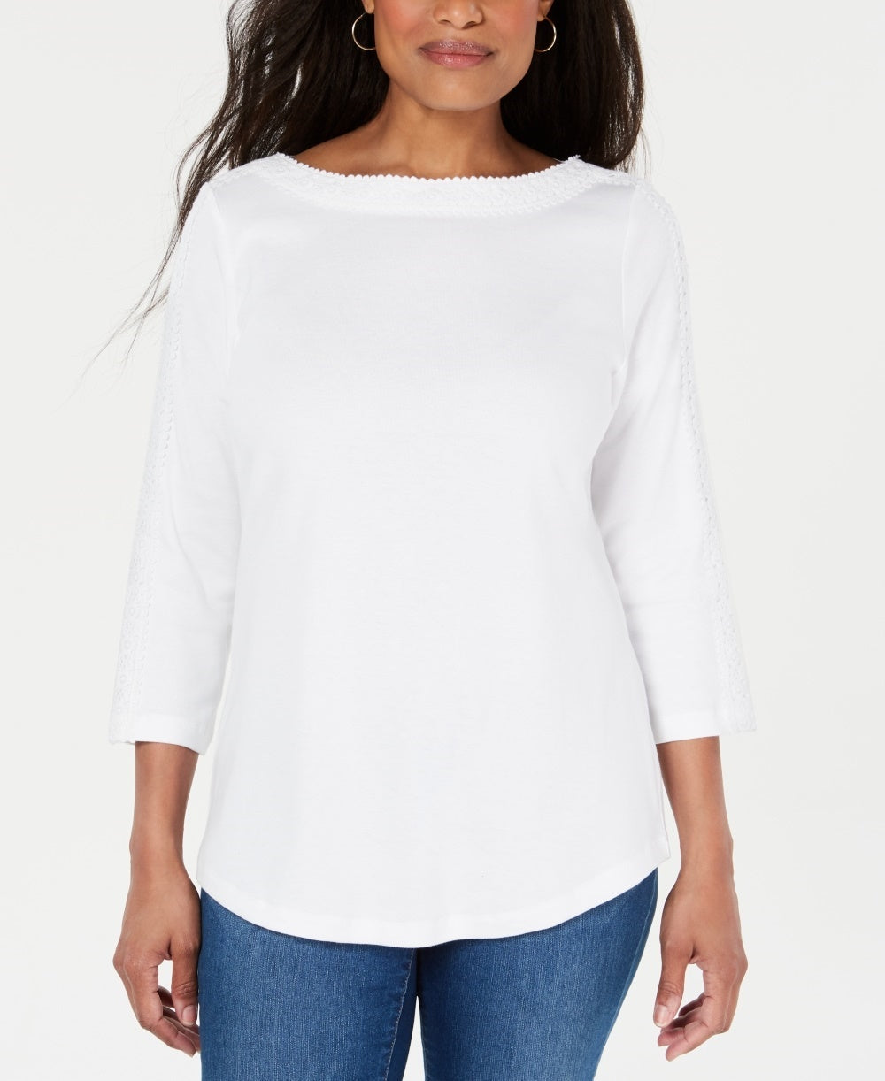 Blusa feminina Karen Scott de algodão com acabamento em renda, branca, tamanho pequeno