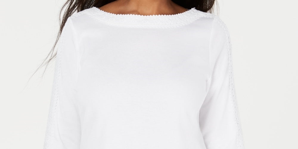 Blusa feminina Karen Scott de algodão com acabamento em renda, branca, tamanho pequeno