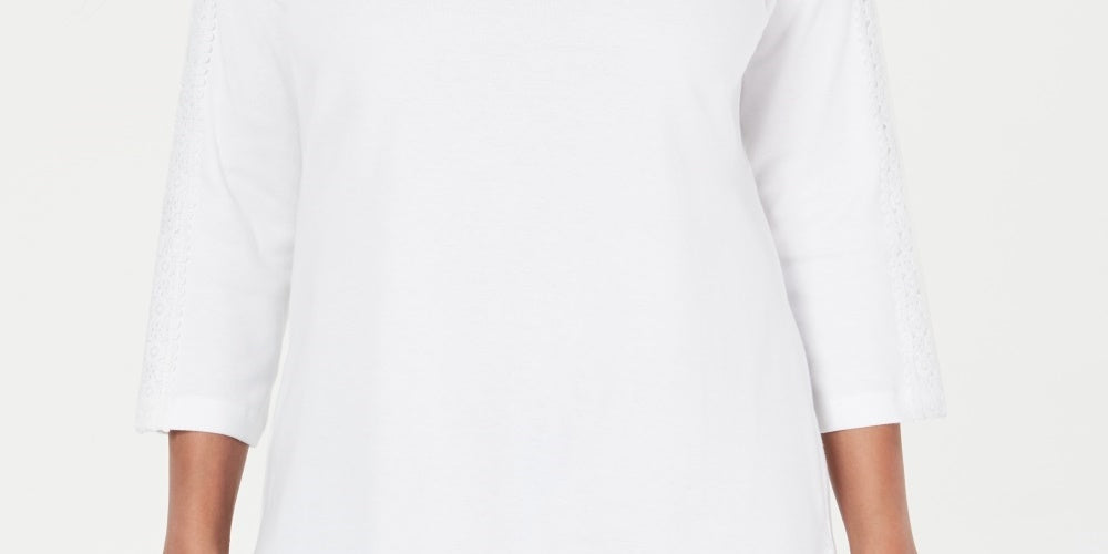 Blusa feminina Karen Scott de algodão com acabamento em renda, branca, tamanho pequeno