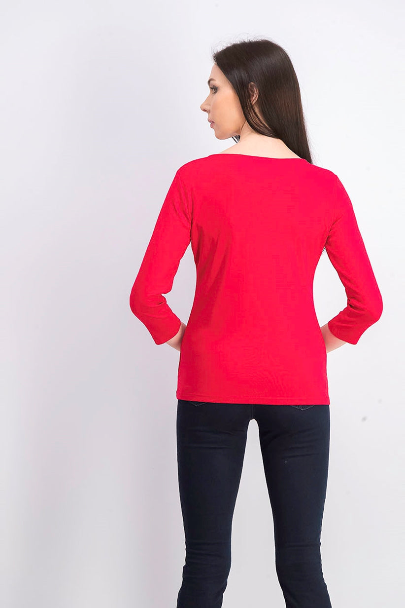 Blusa feminina Karen Scott manga três quartos vermelho brilhante tamanho grande