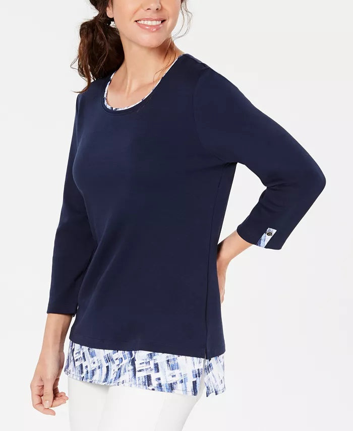 Karen Scott Blusa feminina lisa e xadrez com aparência em camadas, azul-marinho, tamanho grande