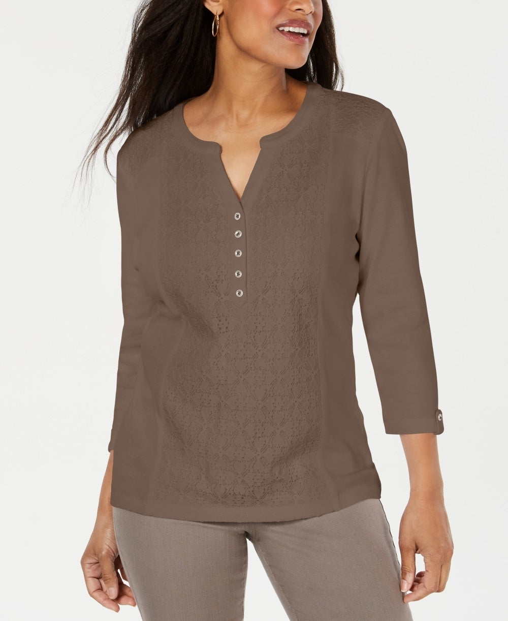 Karen Feminino Scott Renda Frente Henley Top Marrom Tamanho P