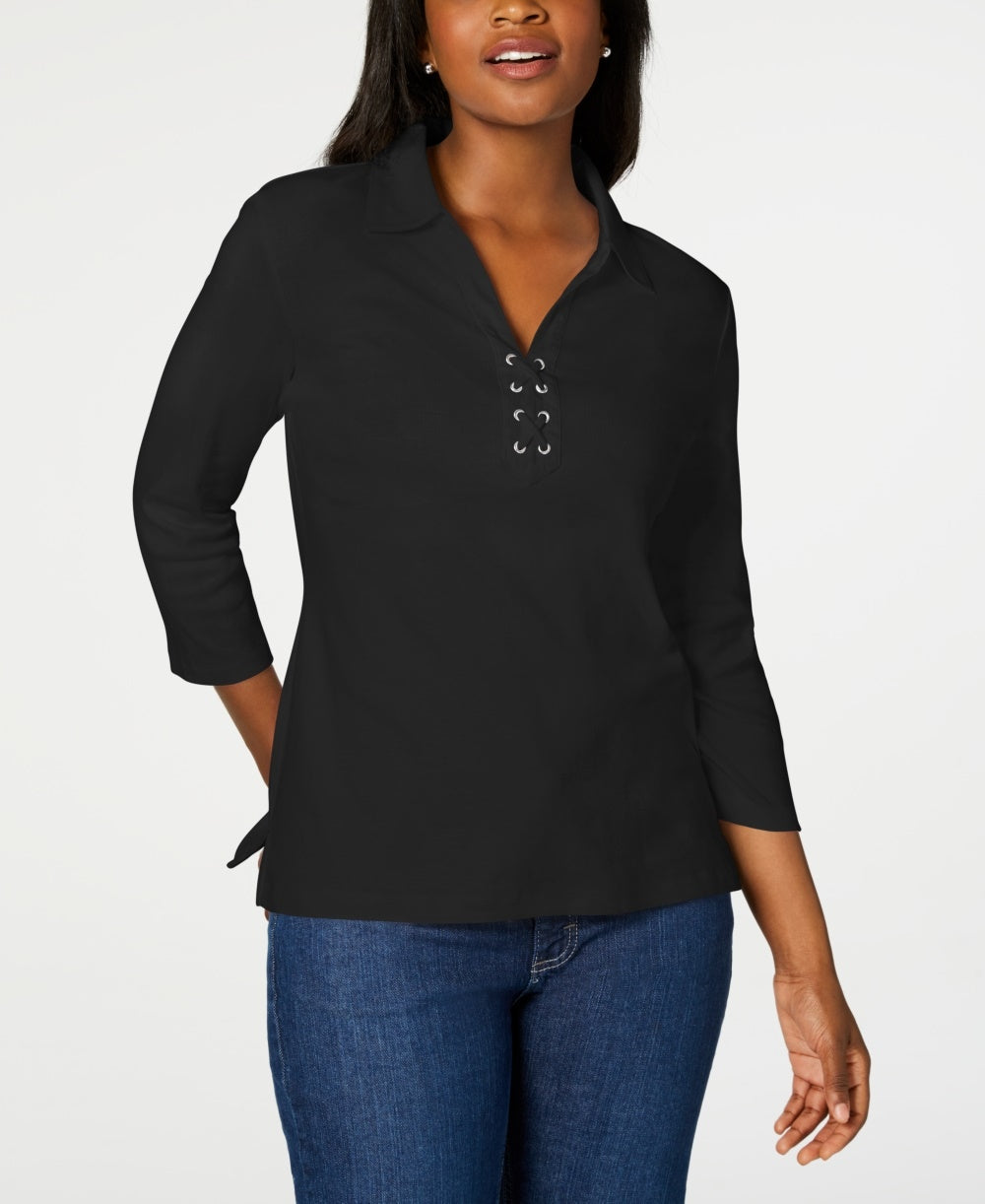Camisa feminina Karen Scott de algodão com cadarço, preta, tamanho X-S