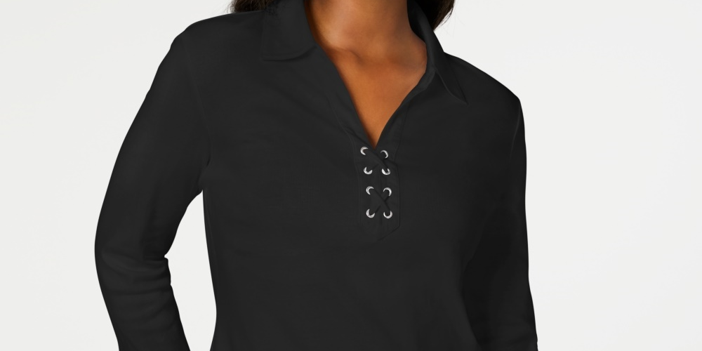 Camisa feminina Karen Scott de algodão com cadarço, preta, tamanho X-S