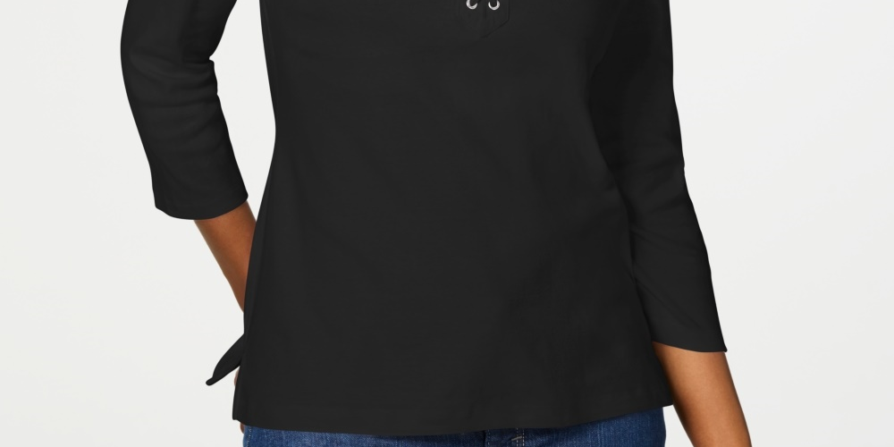 Camisa feminina Karen Scott de algodão com cadarço, preta, tamanho X-S
