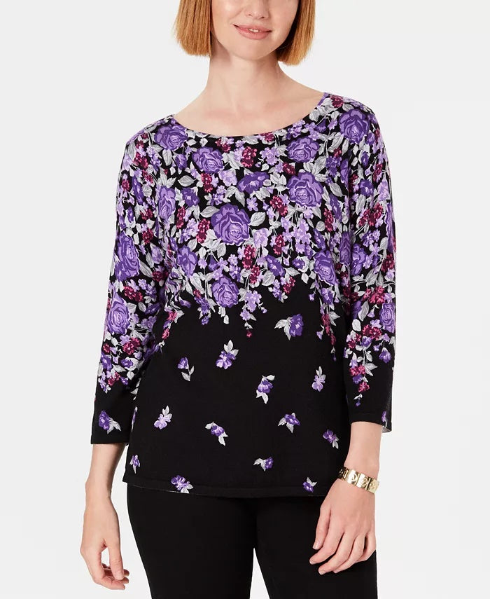 Karen Scott Suéter feminino com estampa floral azul-marinho tamanho grande