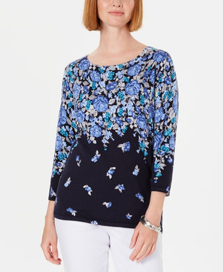 Karen Scott Suéter feminino com estampa floral azul-marinho tamanho pequeno