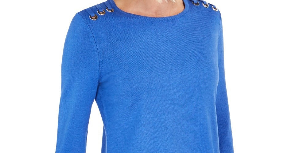 Top feminino com decote redondo e detalhes da coleção JM, azul, tamanho pequeno