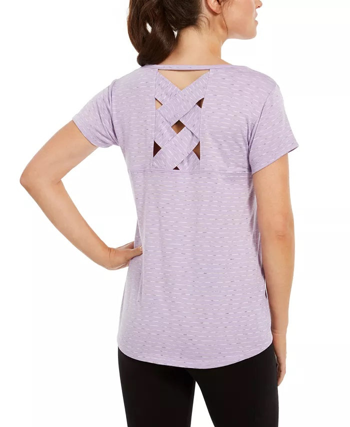 Camiseta feminina listrada com costas em treliça Ideology, roxa, tamanho grande