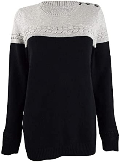 Suéter feminino Charter Club com gola redonda e blocos de cores metálicas, cinza, tamanho grande