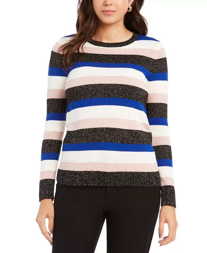 Suéter feminino listrado com gola redonda Charter Club, preto, tamanho XX-G