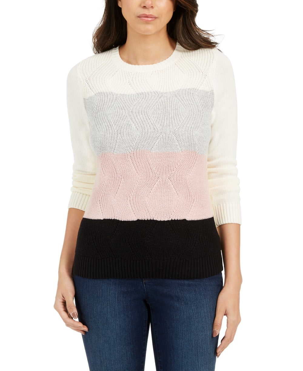 Blusa feminina Charter Club com estampa de blocos de cor marfim e manga comprida, gola redonda, branca, tamanho XX-G