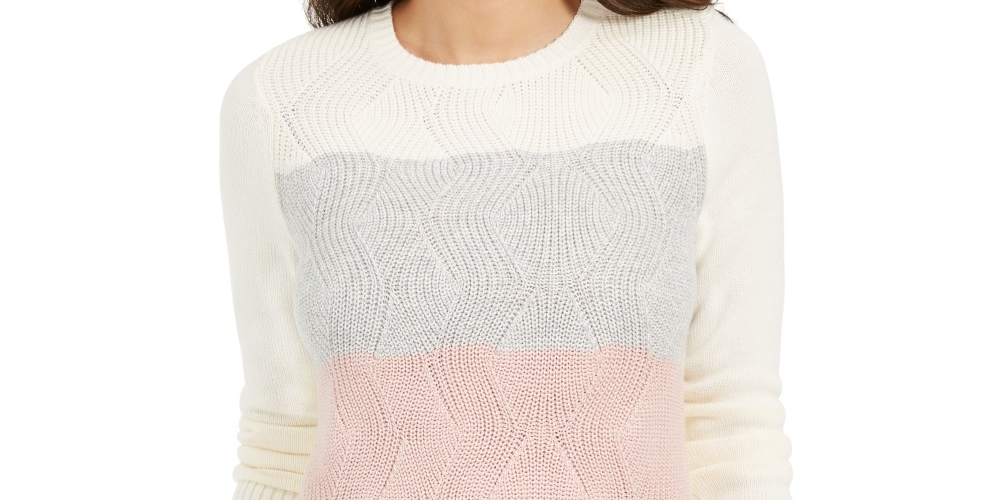 Blusa feminina Charter Club com estampa de blocos de cor marfim e manga comprida, gola redonda, branca, tamanho XX-G
