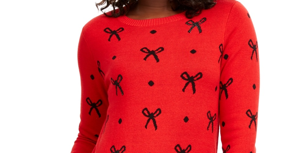 Suéter feminino Charter Club Reese com contas e laço pontilhado, vermelho, tamanho XX-G