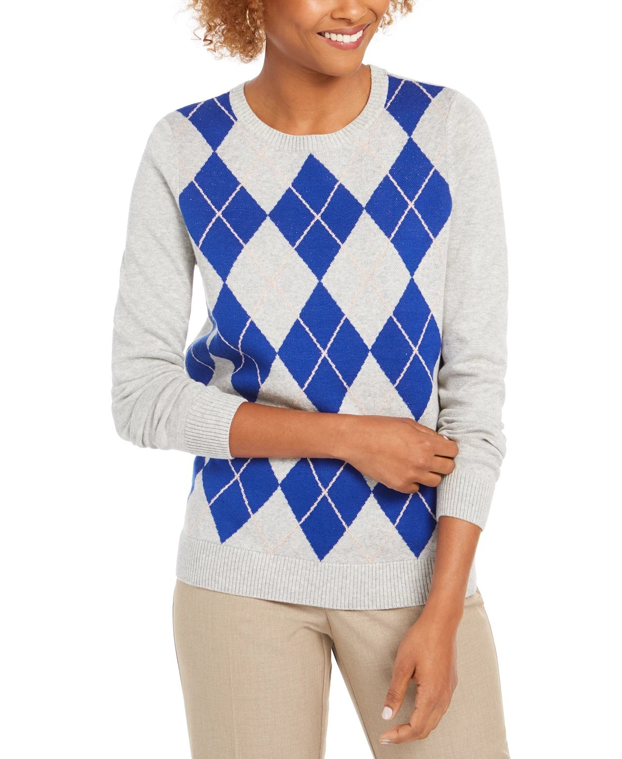 Suéter feminino Charter Club Argyle com gola redonda, cinza, tamanho extragrande