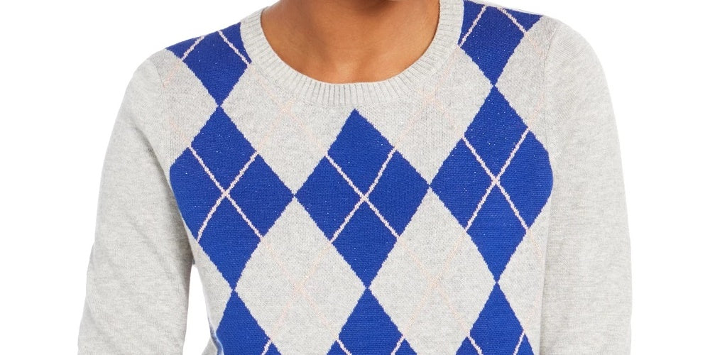 Suéter feminino Charter Club Argyle com gola redonda, cinza, tamanho extragrande