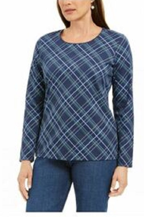Karen Scott Blusa feminina Holly Plaid com detalhes em azul marinho, tamanho pequeno