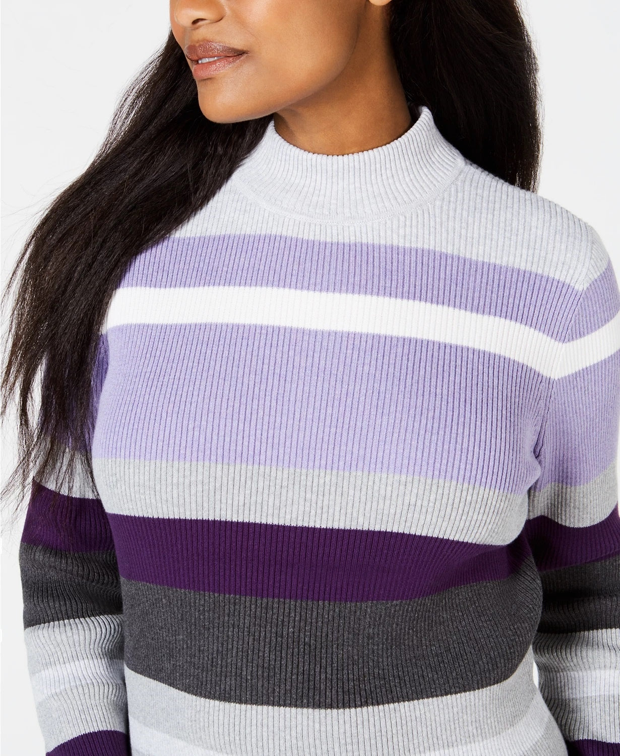 Karen Scott Suéter feminino listrado de algodão com gola alta, roxo, tamanho extragrande