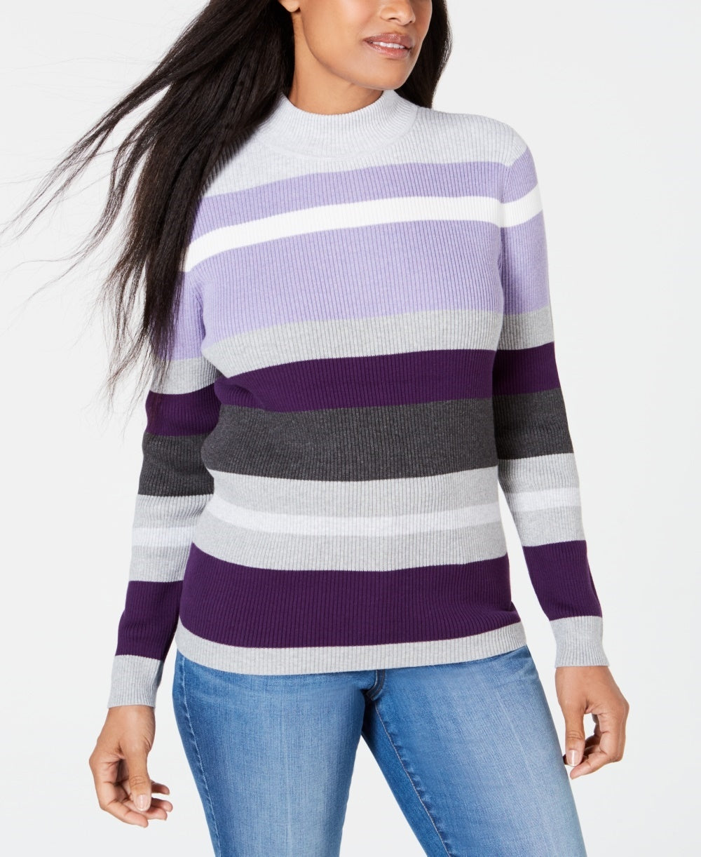 Karen Scott Suéter feminino listrado de algodão com gola alta, roxo médio, tamanho XX-G