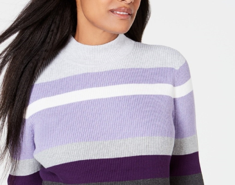 Karen Scott Suéter feminino listrado de algodão com gola alta, roxo médio, tamanho XX-G